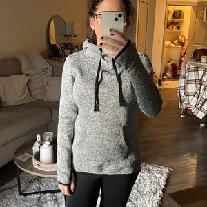 Grey marled fleece hoodie with black trim